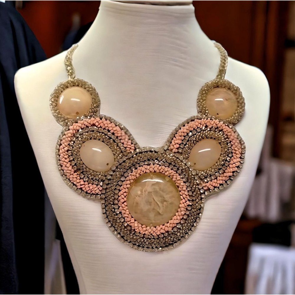 Statement Beaded/Rhinestone Beige Peach Fashion Necklace